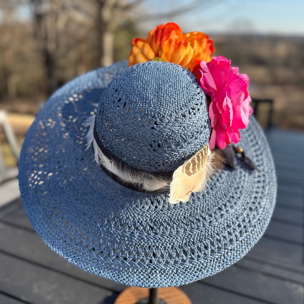 Elegant Blue Summer/Derby Party Hat with feathers & Pink and Orange Flowers - Picture 5 of 5